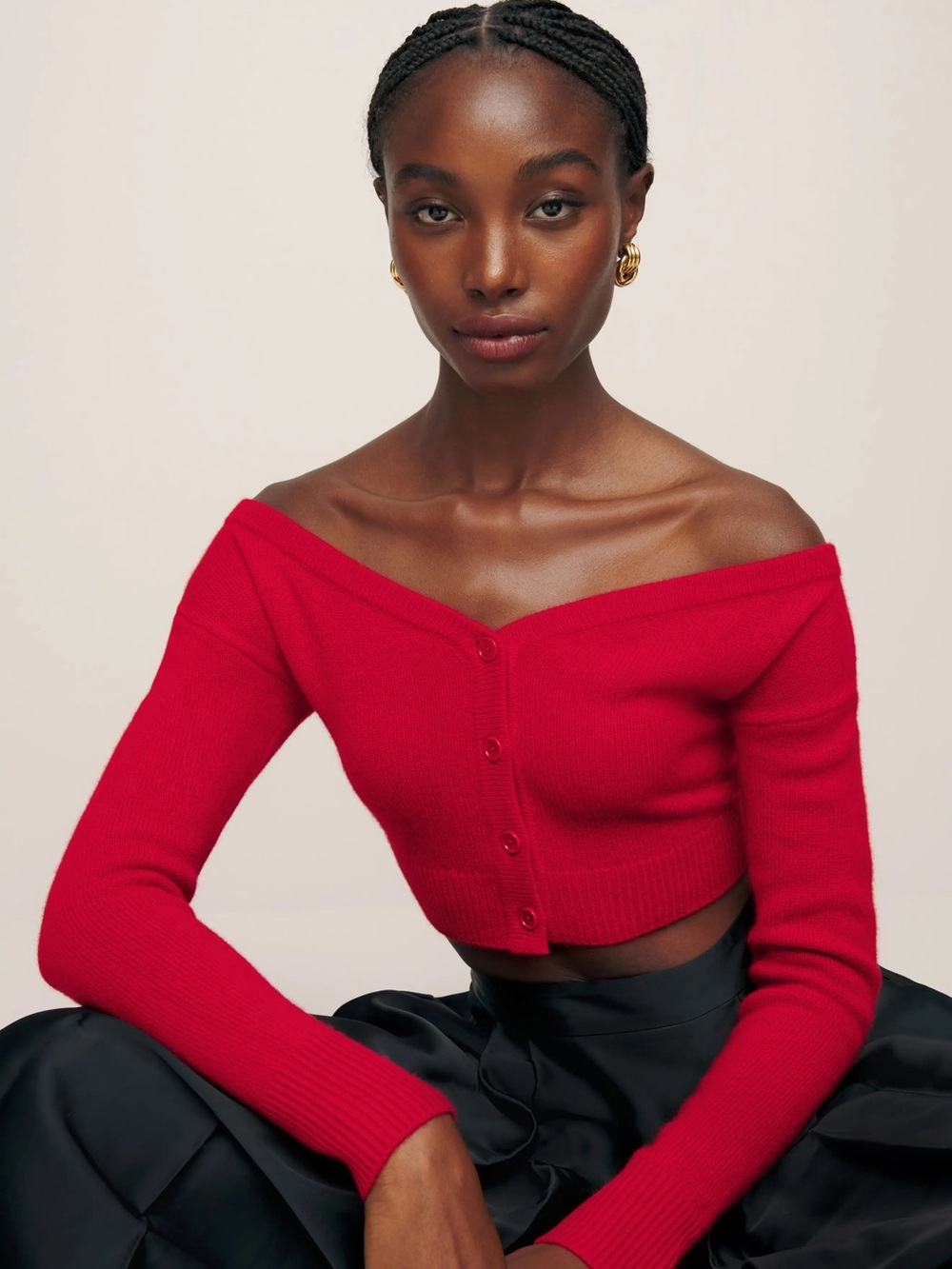 Reformation Cashmere Off-Shoulder Ribbed Crop Sweater cardigan Red Button Up XS